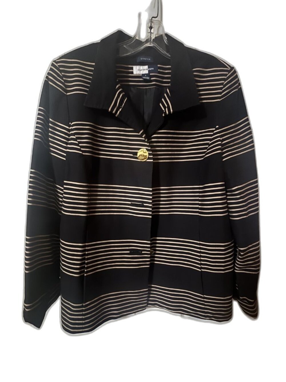 Jones Wear Studio Blazer Size L Black Tan Stripe Stretch Jacket Gold Button